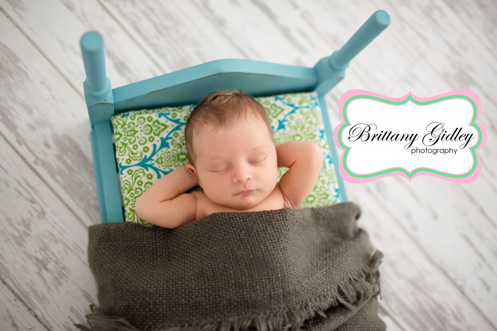 Newborn Baby Boy | Gray Blue Green Brown |Bed Pose | Sleepy Baby | Brittany Gidley Photography LLC