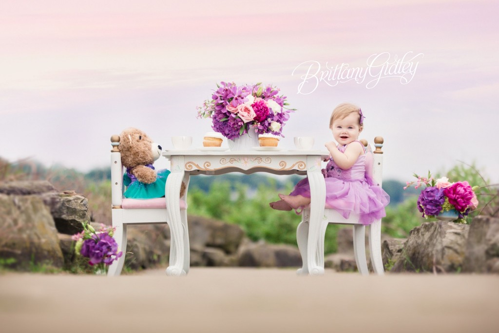 Tea Party Photo Shoot | Cake Smash | Tea Party | Heatherlily for Brittany Gidley Photography | Fresh Floral | Floral Props | Peony Roses Hydrangeas | Teddy Bear | Build A Bear | Teal Purple
