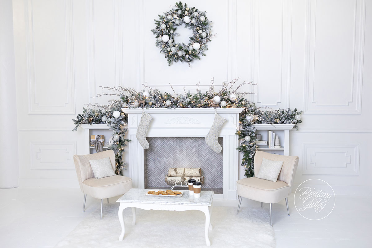 Cozy white fireplace photography scene for Christmas