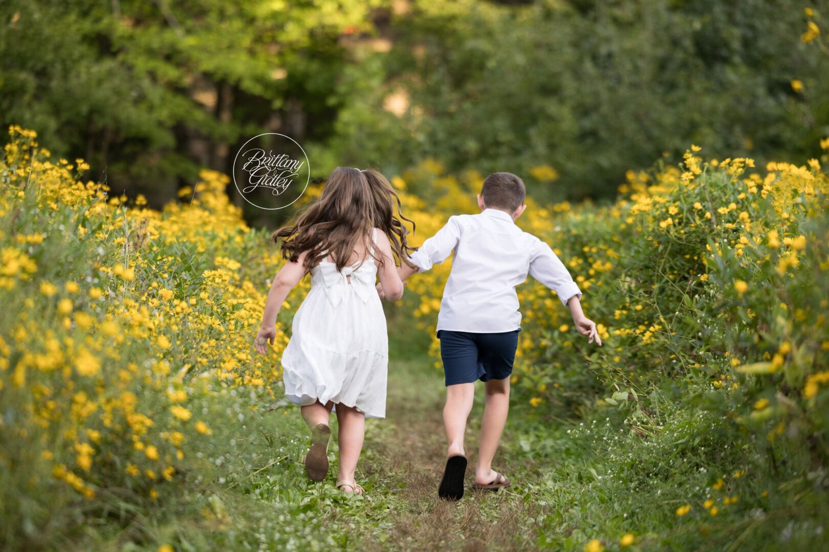 Brother and sister running down a wildflower path during a family session in Northeast Ohio