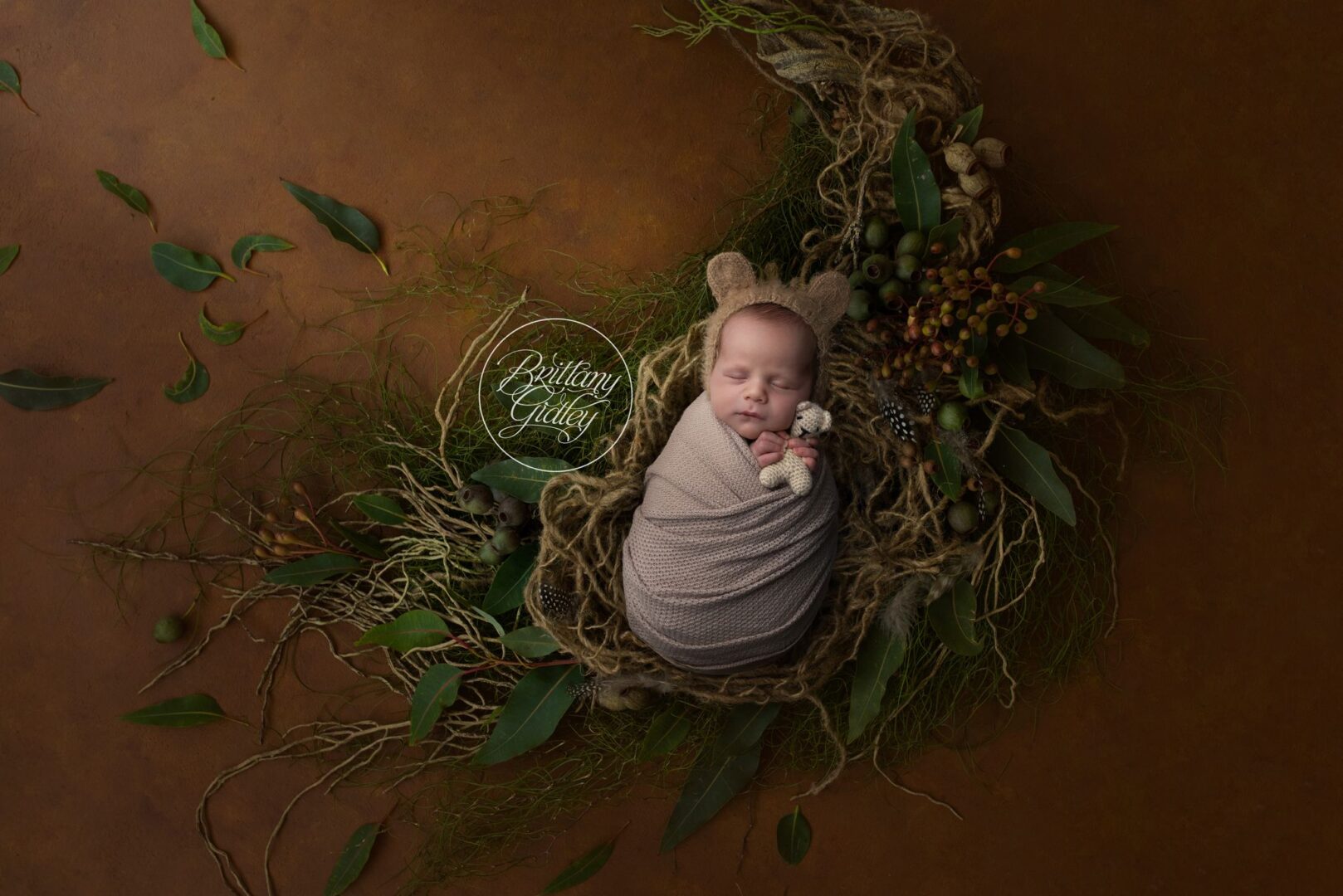 Newborn baby boy in a teddy bear bonnet asleep in a woodland nest with greenery